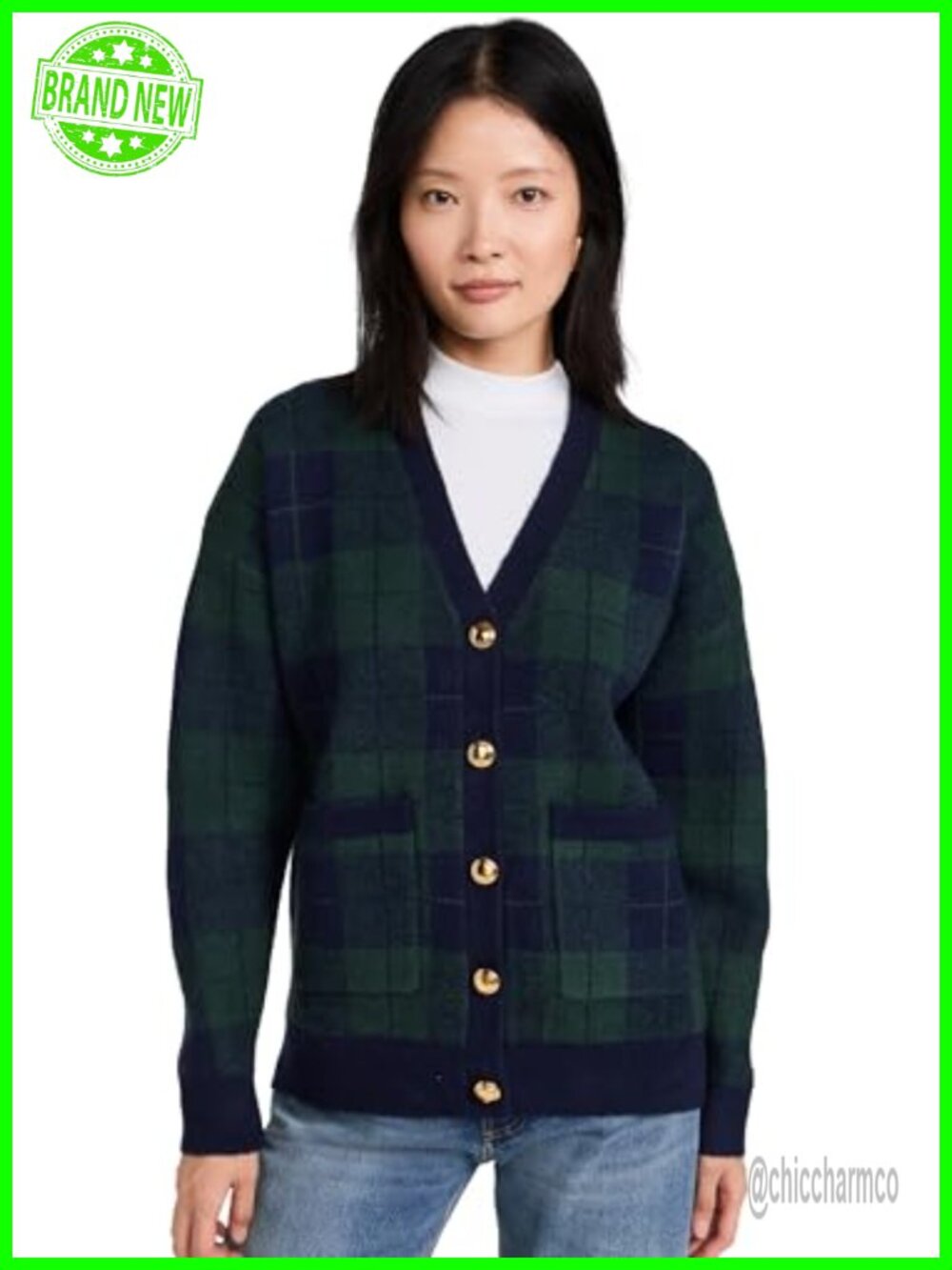 Check Cardigan Long Sleeve Button V-Neck Loose Knit Preppy